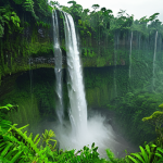 **Image Prompt:** Lush Guyanese rainforest scene during the rainy season, featuring the Kaieteur Falls in full force. Water droplets cling to vibrant green foliage. Mist hangs in the air, creating an atmospheric effect. Focus on the power and beauty of nature, with a hint of the challenges the rainy season brings.