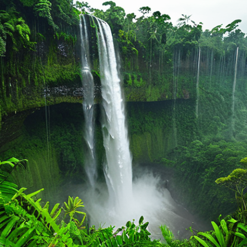 **Image Prompt:** Lush Guyanese rainforest scene during the rainy season, featuring the Kaieteur Falls in full force. Water droplets cling to vibrant green foliage. Mist hangs in the air, creating an atmospheric effect. Focus on the power and beauty of nature, with a hint of the challenges the rainy season brings.