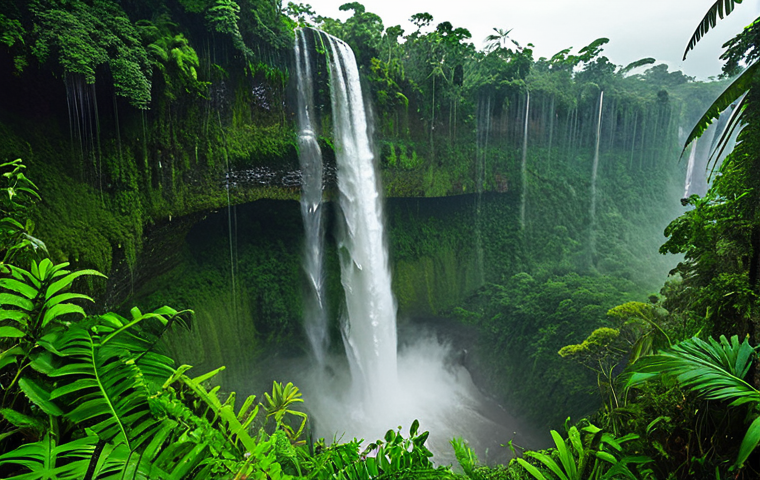 **Image Prompt:** Lush Guyanese rainforest scene during the rainy season, featuring the Kaieteur Falls in full force. Water droplets cling to vibrant green foliage. Mist hangs in the air, creating an atmospheric effect. Focus on the power and beauty of nature, with a hint of the challenges the rainy season brings.