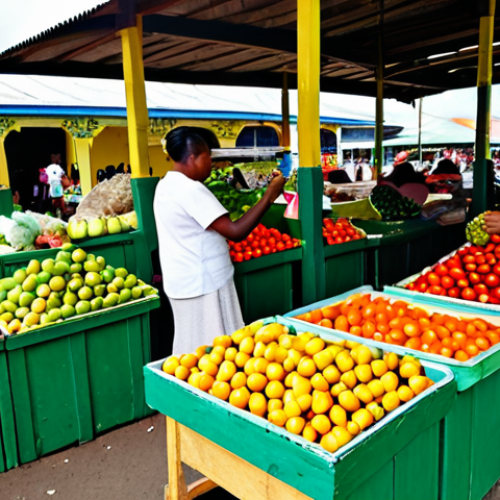 Vibrant Market Scene**

"A bustling, colorful market scene in Georgetown, Guyana. Stalls overflowing with exotic fruits, fresh vegetables, and local crafts. Vendors in modest clothing interact with shoppers. Background: The historic Stabroek Market building. Morning light. Safe for work, appropriate content, fully clothed. Professional photography, perfect anatomy, correct proportions, natural pose, well-formed hands, proper finger count, natural body proportions, high quality, family-friendly."

**