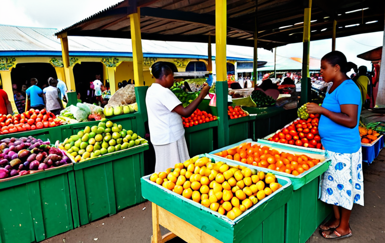 Vibrant Market Scene**

"A bustling, colorful market scene in Georgetown, Guyana. Stalls overflowing with exotic fruits, fresh vegetables, and local crafts. Vendors in modest clothing interact with shoppers. Background: The historic Stabroek Market building. Morning light. Safe for work, appropriate content, fully clothed. Professional photography, perfect anatomy, correct proportions, natural pose, well-formed hands, proper finger count, natural body proportions, high quality, family-friendly."

**