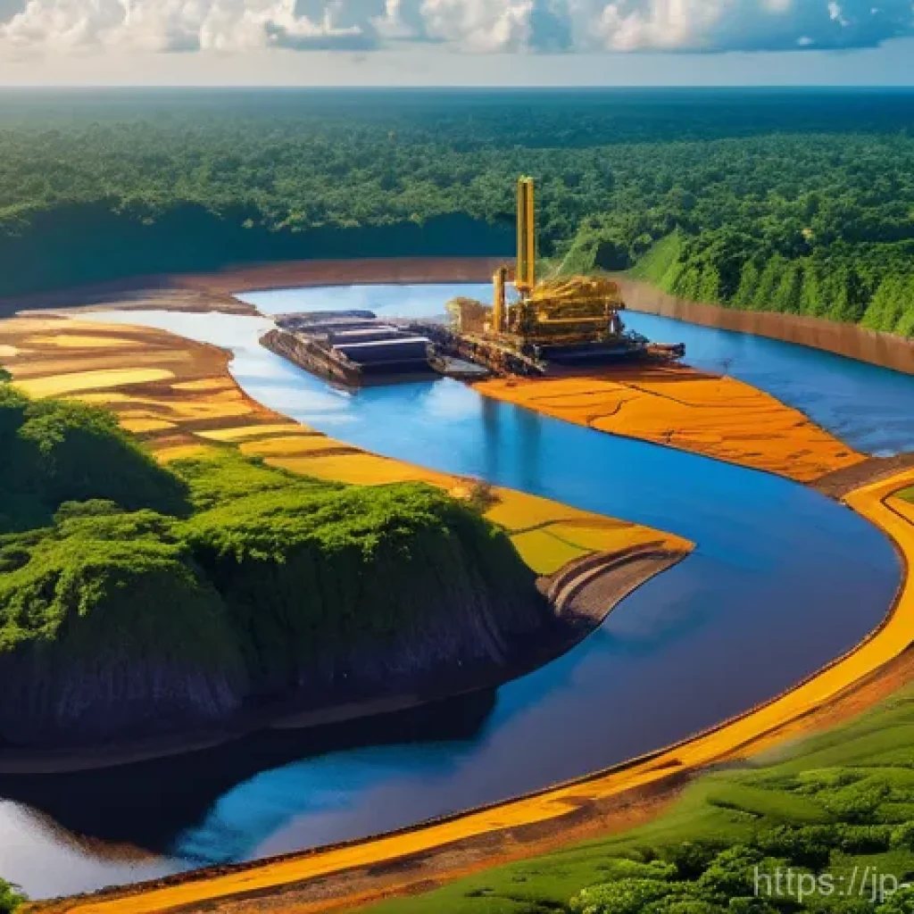 가이아나 금광업 - **Prompt:** "A dynamic and symbolic illustration of Guyana's 'awakening gold' industry. The image sh...
