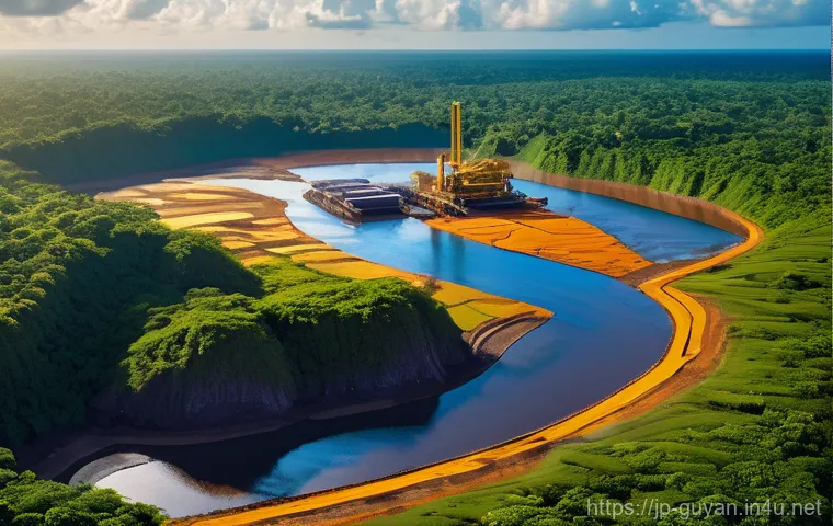 가이아나 금광업 - **Prompt:** "A dynamic and symbolic illustration of Guyana's 'awakening gold' industry. The image sh...