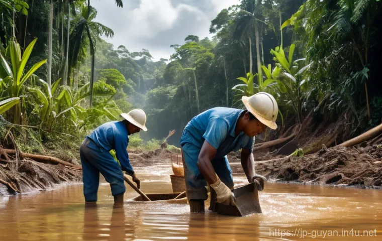 가이아나 금광업 - **Prompt:** "A dynamic and symbolic illustration of Guyana's 'awakening gold' industry. The image sh...