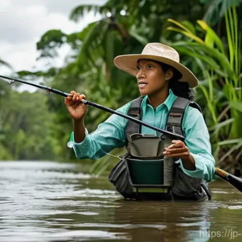가이아나 낚시 여행 - **Prompt:** "An adventurous female angler in her late 20s, with an expression of intense focus and e...