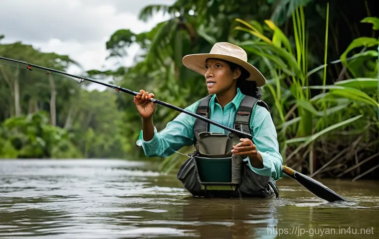 가이아나 낚시 여행 - **Prompt:** "An adventurous female angler in her late 20s, with an expression of intense focus and e...