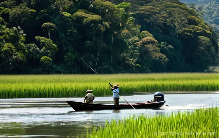 가이아나 낚시 여행 - **Prompt:** "An adventurous female angler in her late 20s, with an expression of intense focus and e...