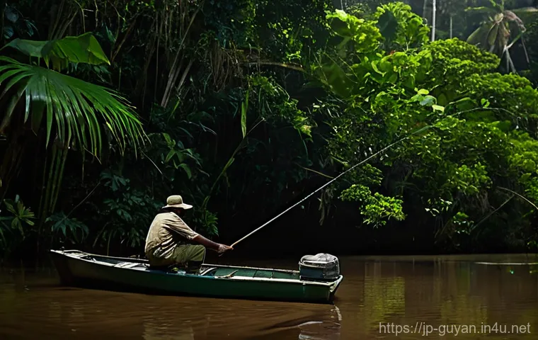 가이아나 낚시 여행 - **Prompt:** "A breathtaking, wide-angle aerial perspective of a small, robust single-engine propelle...