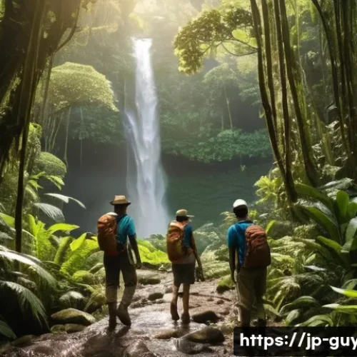 가이아나 로컬 가이드 이용 - **Prompt:** A highly detailed, realistic photograph capturing a local Guyanese guide leading two adv...