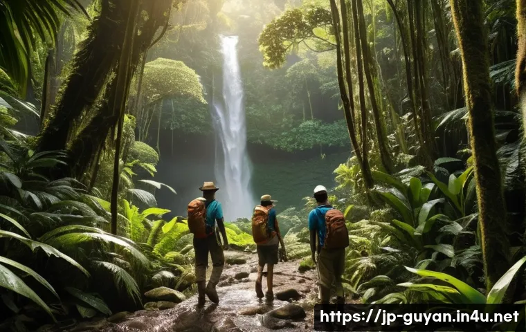 가이아나 로컬 가이드 이용 - **Prompt:** A highly detailed, realistic photograph capturing a local Guyanese guide leading two adv...
