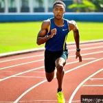 가이아나 출신 올림픽 선수 - A dynamic scene of a young Guyanese male sprinter training intensely on a sunlit outdoor track, wear...