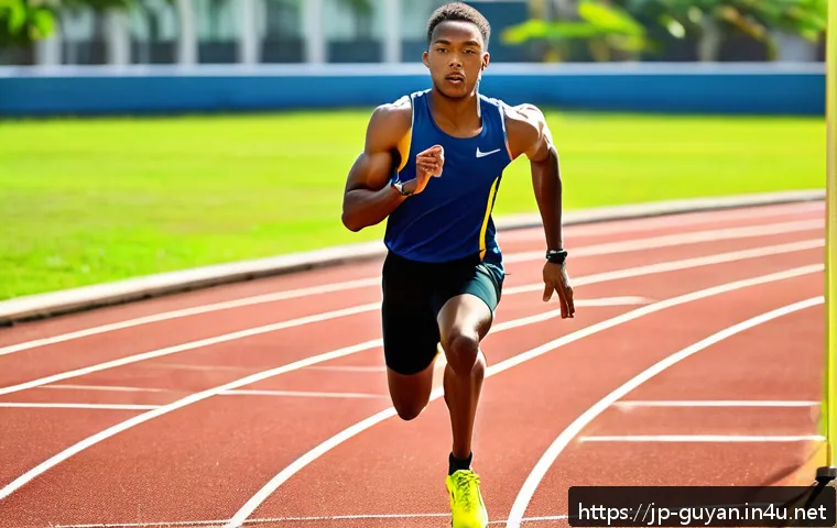 가이아나 출신 올림픽 선수 - A dynamic scene of a young Guyanese male sprinter training intensely on a sunlit outdoor track, wear...