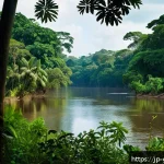 가이아나 아마존 지역 탐방 - A lush, untouched Amazon jungle scene in Guyana during the dry season, featuring towering green tree...
