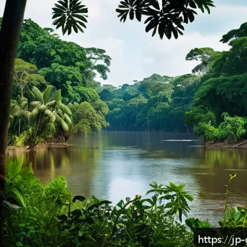 가이아나 아마존 지역 탐방 - A lush, untouched Amazon jungle scene in Guyana during the dry season, featuring towering green tree...