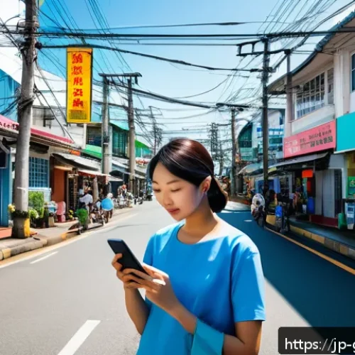 가이아나의 모바일 네트워크 - A vibrant urban scene of Georgetown, Guyana, featuring diverse people using smartphones outdoors und...