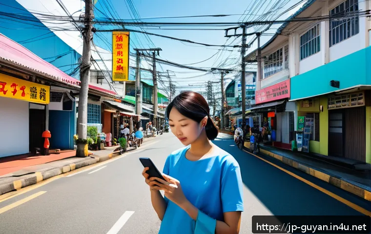 가이아나의 모바일 네트워크 - A vibrant urban scene of Georgetown, Guyana, featuring diverse people using smartphones outdoors und...