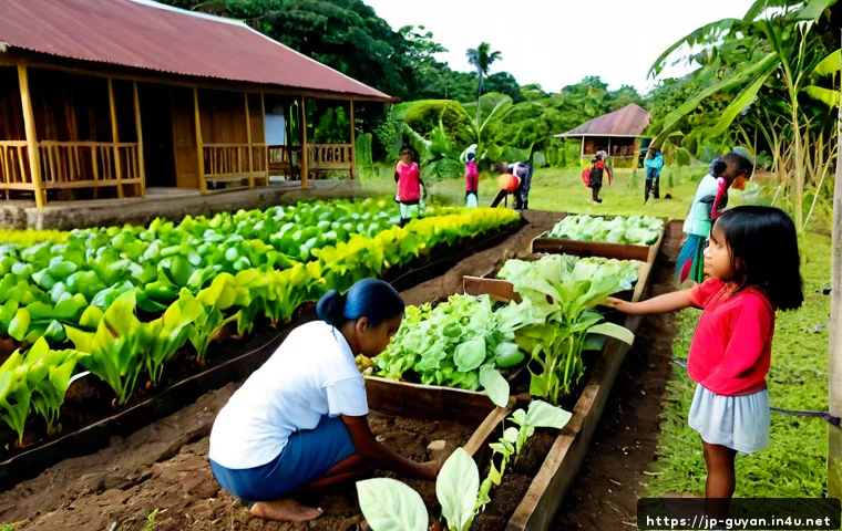 가이아나의 지역 사회 프로젝트 - Photorealistic community garden project in rural Guyana, diverse local residents and children planti...