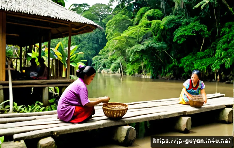 가이아나 원주민 문화 - Photorealistic documentary-style scene of Indigenous Guyanese adults from a forest community craftin...
